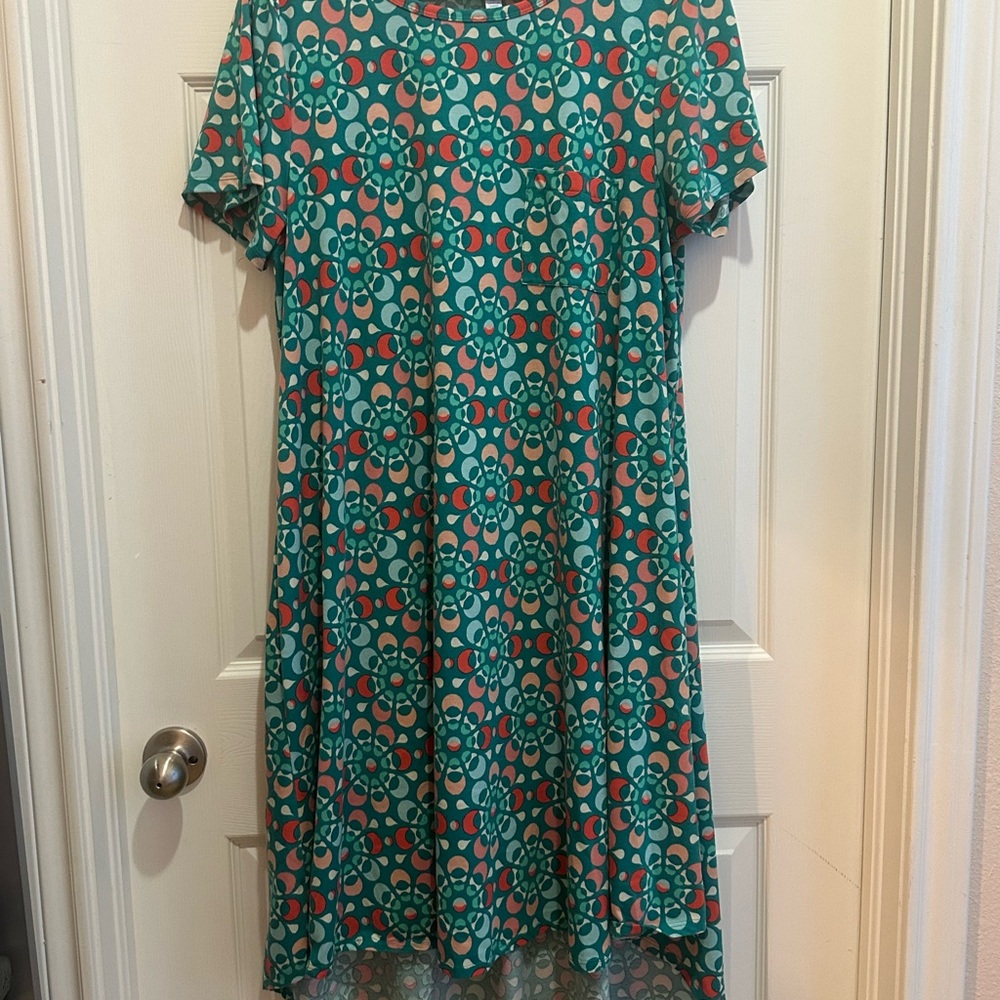 LuLaRoe Teal and Coral Geometric Dress